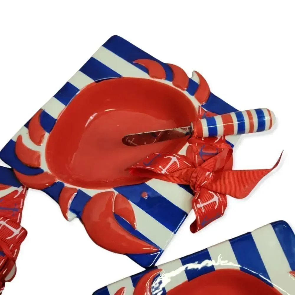 Mud Pie set of 4 crab dip bowl with spreader, nautical red white blue